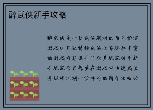 醉武侠新手攻略
