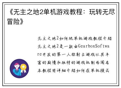 《无主之地2单机游戏教程：玩转无尽冒险》