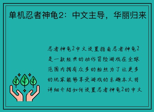 单机忍者神龟2：中文主导，华丽归来