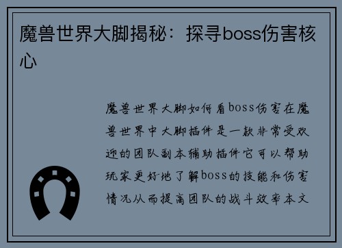 魔兽世界大脚揭秘：探寻boss伤害核心